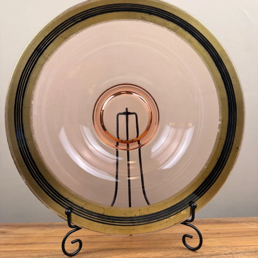 Vintage Pink Depression Glass Console Bowl Gold Black Band Art Deco Centerpiece